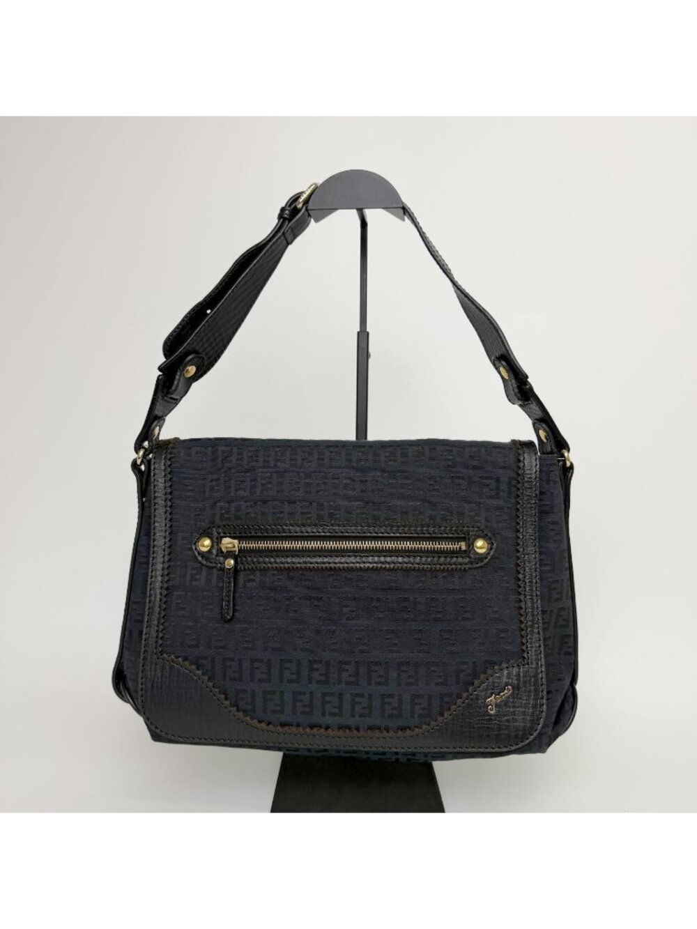 Fendi FF Zucca Front Zip Messenger Shoulder Bag Canvas Leather Black Gold
